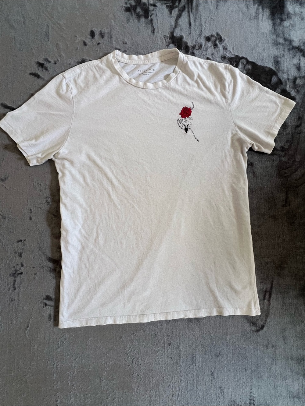 All Saints White Crewneck T-Shirt with Red Rose Motif